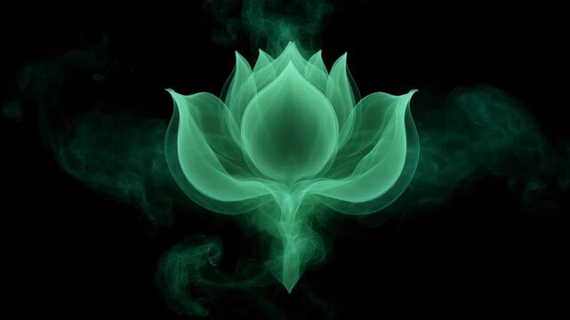 Fleur de lis transforming to lotus flower animation from wispy smoke on black background. Evolving plant life, spiritual growth concept.