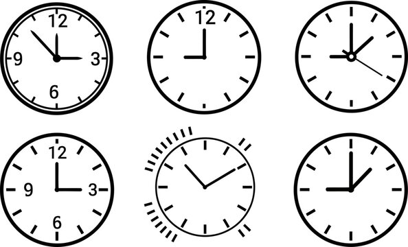 Collection of six minimalist black and white analog clock faces displaying various times.