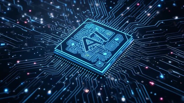 Futuristic glowing AI microchip on digital circuit board with blue neon technology and data connections