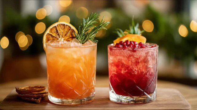 Festive cranberry cocktails with rosemary garnish on holiday background. Christmas Cocktail and Mocktail Pairings