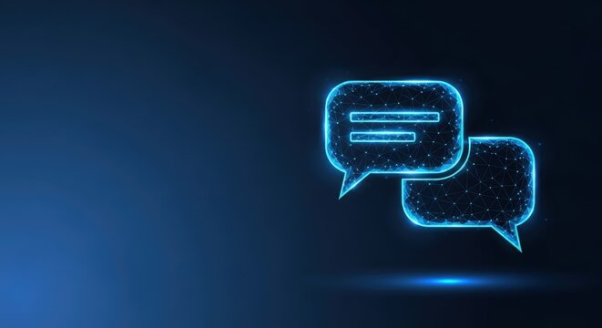 Glowing blue chat message bubbles communicate online dialogue against a dark background