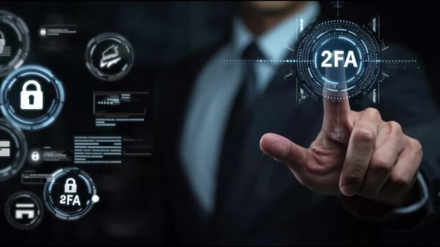 2fa. Two-factor authentication. Security multilayer. Identity defense. Verification credentials. A person interacting with a digital security interface.
