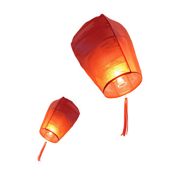 Two Red Chinese Sky Lanterns Floating Upwards Isolated on White Background