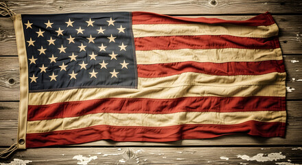 Fototapeta premium Close-up of a vintage, worn American flag draped over rustic wooden planks, evoking patriotism and history.