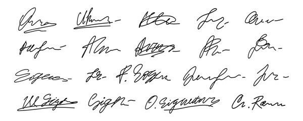 Doodle Fake Signature Autograph Collection. Doodle Random Handwritten Sample Name Sign Signature Kit. Vector Handwriting Line Isolated Graphic Clipart