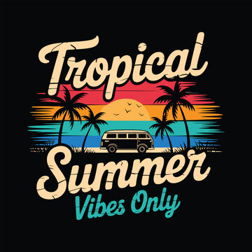 Tropical Summer Vibes Only Vintage Van and Palm Trees Sunset Art