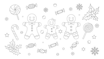 Fototapeta premium Black and white line illustration featuring cute gingerbread man and woman cookies, surrounded by Christmas candies, sweets, lollipops, candy canes, snowflakes, stars, and holly leaves.