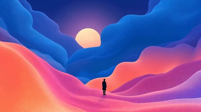 Solitary figure in colorful undulating landscape