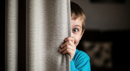 Young boy peeks out from behind heavy drapery with wide, startled eyes