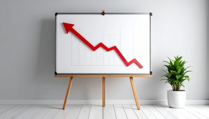 Obraz premium Red arrow on whiteboard representing fluctuating market trends and economic indicators in a modern office space.