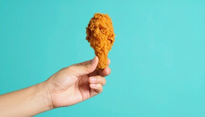 Hand holding a golden brown crispy fried chicken drumstick against a solid turquoise background, emphasizing texture and food appeal.