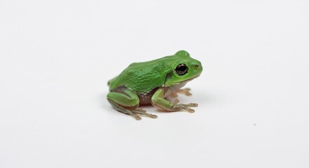 Obraz premium A tiny vibrant green frog sits alertly on a clean white surface under bright even studio light. AI Generated