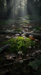 Obraz premium Small pale fungi grow illuminated by ethereal light beams filtering through dense forest canopy