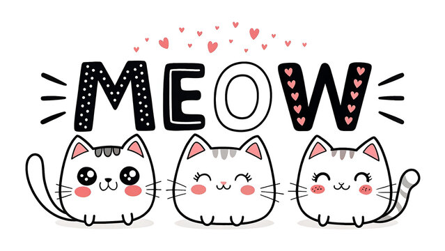 Cute kawaii cartoon cats meowing with hearts and speech bubble illustration