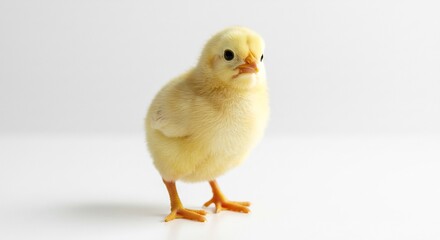 Obraz premium Vibrant fluffy yellow chick standing alertly illuminated by soft studio light against a clean bright white background. AI Generated