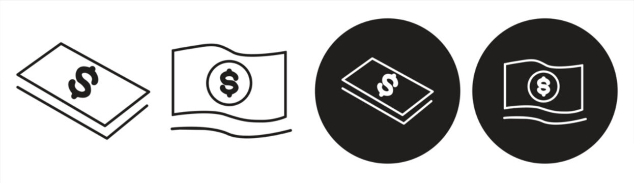 Dollar banknote icons in various styles, financial currency symbols for business design and payments, vector illustrations.


