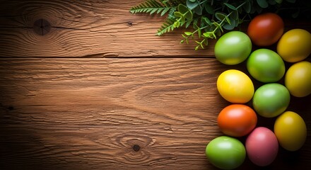 Naklejka premium Happy easter eggs on wooden background with greenery easter celebration