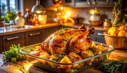 Naklejka premium Roasted Chicken with Golden Potatoes a Thanksgiving Feast or Holiday Meal for Culinary Stock Imagery.