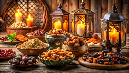 Naklejka premium Cozy evening with traditional Middle Eastern sweets and lanterns