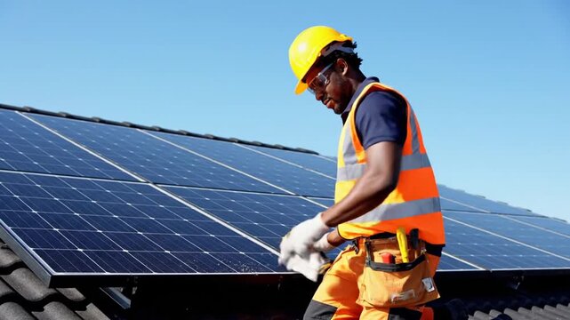 Solar panel installer at work on rooftop.