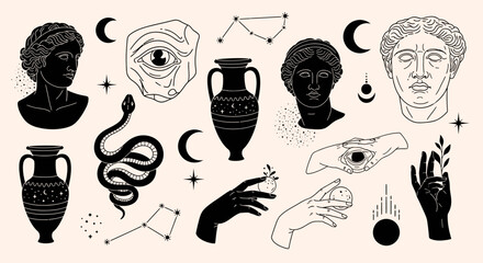 A collection of mystical and ancient symbols including busts, amphorae, a snake, celestial bodies, and hands with mystical elements. © Gisella