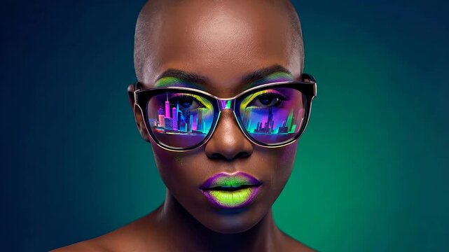 African American woman with bald head and iridescent glasses. Reflections shifting from colors to city skyline in lenses. Bold purple lips and green background. Artistic fashion portrait sequence