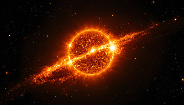 glowing sun in deep space with a bright luminous ring across the center surrounded by orange nebulae and distant stars in a cosmic science fiction astronomy scene.