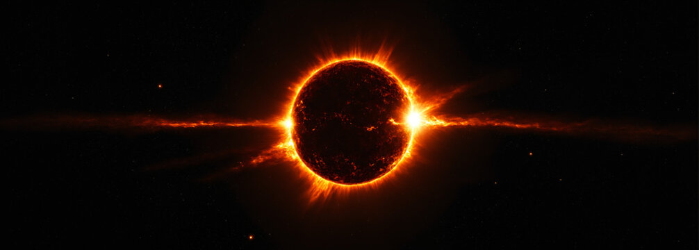 wide cosmic view of a burning star with a horizontal beam of light and glowing solar flares amidst a dark starry background in the deep universe showing solar activity.