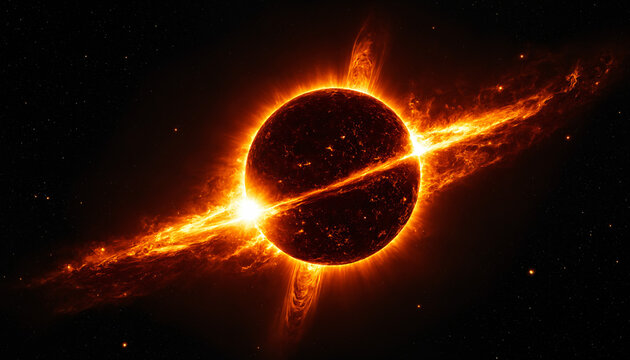 tilted view of a sun with a bright ring of energy and solar flares extending into the dark universe filled with tiny stars and cosmic gas in a science fiction atmosphere.