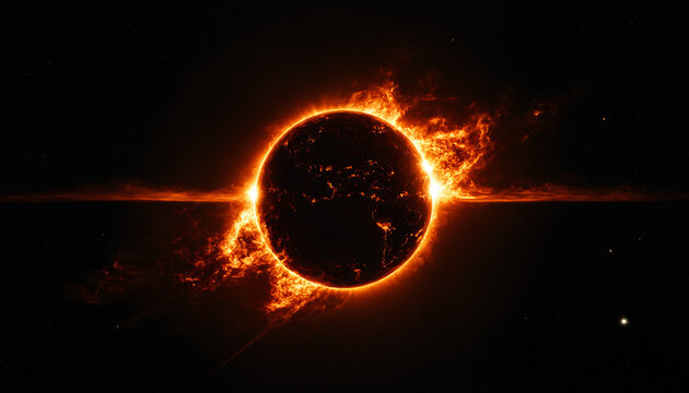 globe of planet earth glowing with intense orange solar flares and horizontal energy beam in space with distant stars and cosmic atmospheric glow effects.