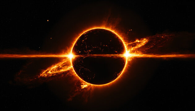 dark planet earth silhouette with intense glowing horizontal light band and radiant solar flares in deep space surrounded by distant stars and cosmic atmosphere.