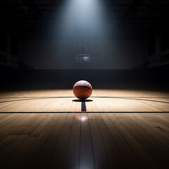March Madness, Lonely Basketball on Dark Court Under Bright Spotlight Evoking Sport Challenge