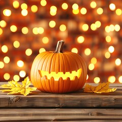 Fototapeta premium Halloween Pumpkin with Smiling Face and Autumn Leaves