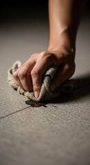 Obraz premium Person's hand carefully wipes dark liquid from a tiled floor surface with a cloth.