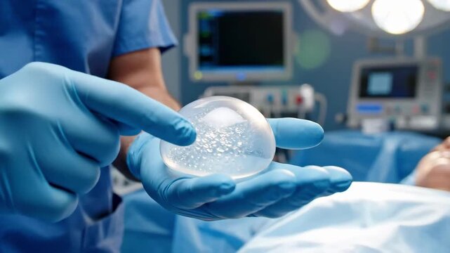 Surgeon Patient Room Holding Textured Breast Implant Above Surgical Drape, Gloved Hands Present Implant With Microtextured Surface, Patient On Table Blurred In Background, Clinical Monitors.