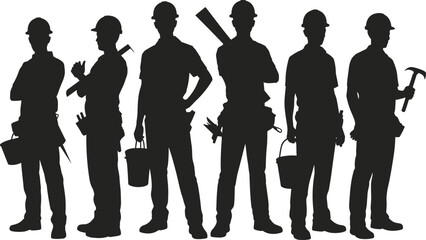 Silhouette of construction workers standing with helmets and tools on white background, building industry concept for teamwork, labor, maintenance, repair and engineering.