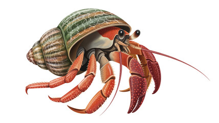 Close up view of a hermit crab with its shell and legs visible.