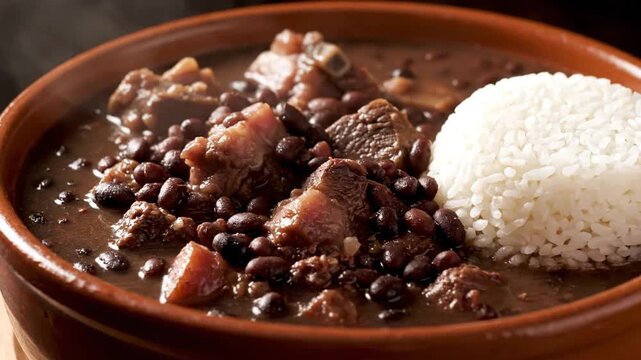 Feijoada with rice in a clay bowl, showcasing a hearty meal, black beans, meat, and a culinary delight