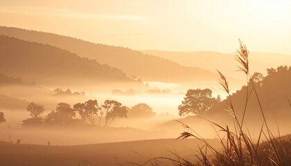 Fototapeta premium Misty Landscape with Trees and Hills at Sunrise.