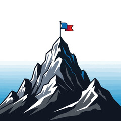 A majestic mountain peak stands tall against a clear sky, adorned with a flag at its summit, symbolizing achievement and victory.