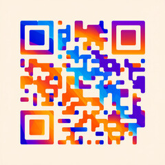 Geometric Icon, flat vector Vibrant abstract QR code pattern with colorful square modules and gradient fills representing modern technology and digital connectivity