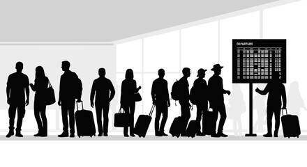 Silhouettes of diverse people with luggage waiting in a queue at an airport terminal near a departure board.