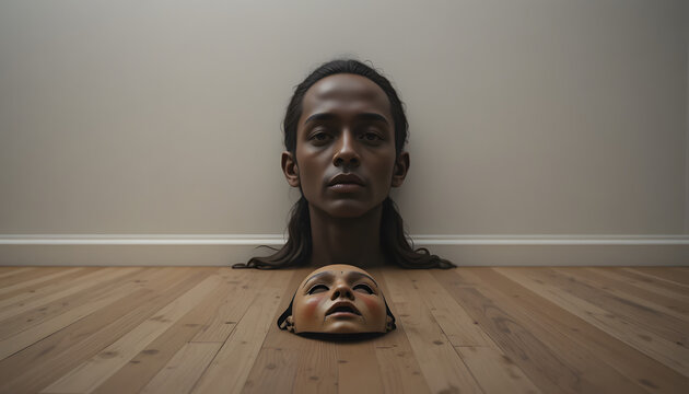 Dark-skinned woman revealing true self with theatrical mask on wooden floor