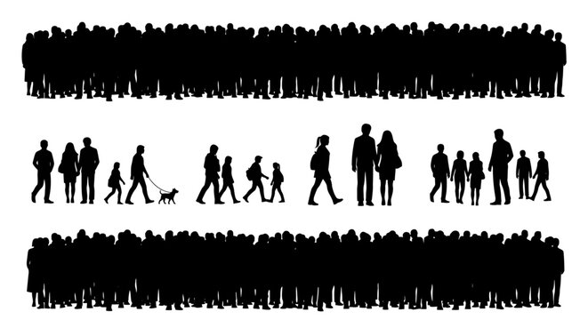 Silhouettes of crowds of people and families walking in different formations against a white background.