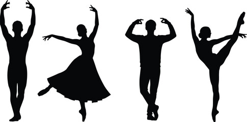 Silhouettes of male and female ballet dancers performing elegant classical dance poses, graceful ballerinas and dancers practicing artistic movements, isolated vector illustration set © MstSalema