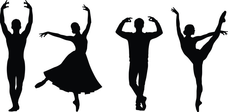 Silhouettes of male and female ballet dancers performing elegant classical dance poses, graceful ballerinas and dancers practicing artistic movements, isolated vector illustration set