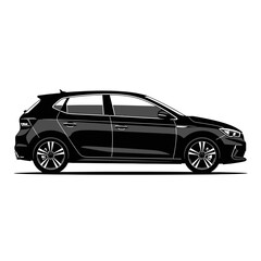 Obraz premium A sleek black hatchback car is depicted in a side profile against a white background, showcasing its modern design and alloy wheels.