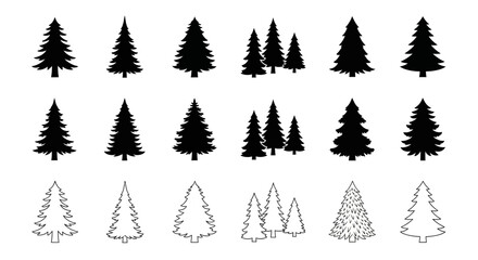 Obraz premium A collection of various black and white silhouette illustrations of pine trees in different sizes and arrangements.