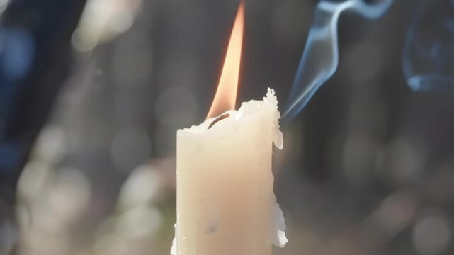 Close-up of a Burning Candle with Rising Smoke and Soft Bokeh Background, Symbolic of Imbolc and Light Celebrations