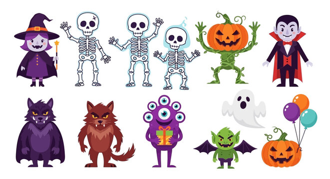 A collection of various cartoon Halloween characters including skeletons, vampires, monsters, ghosts, and pumpkins.